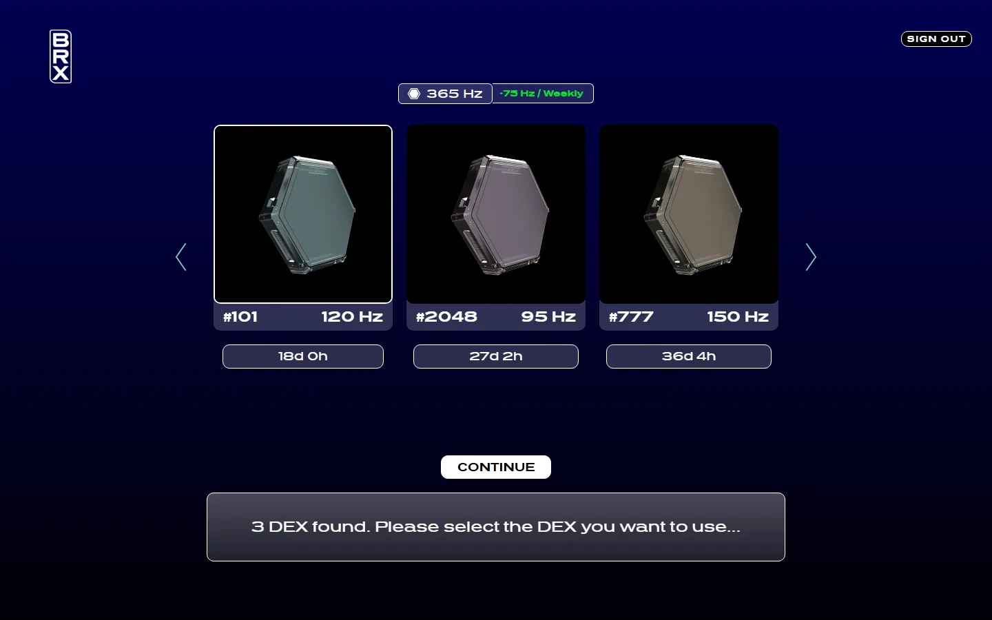 DEX Hub showing three DEX with their Hertz points, time held and the weekly Hertz rate