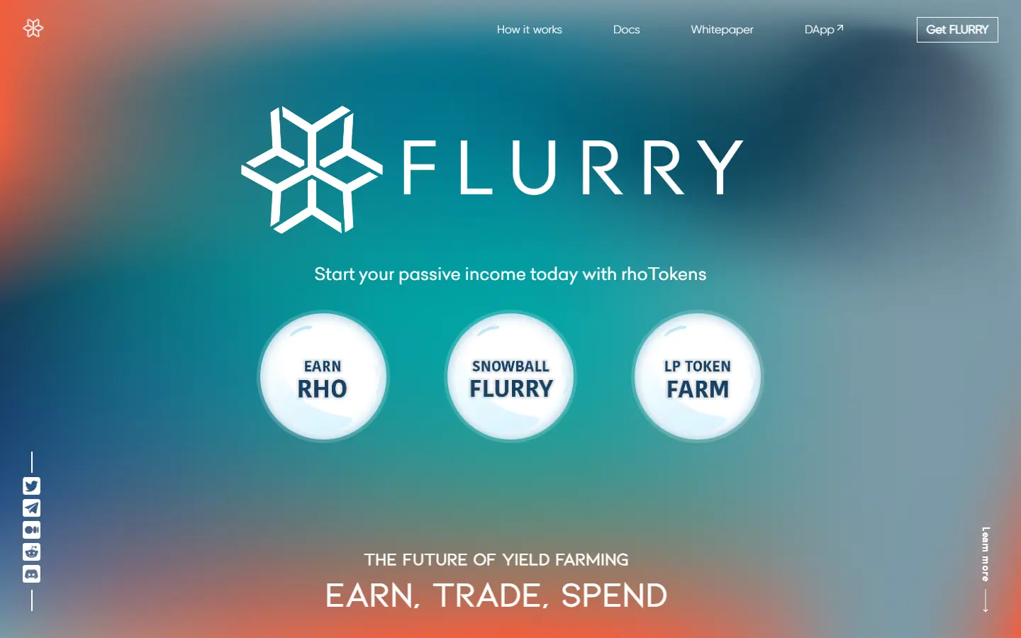 Flurry landing page with the Flurry logo and links to earn, Snowball and farm